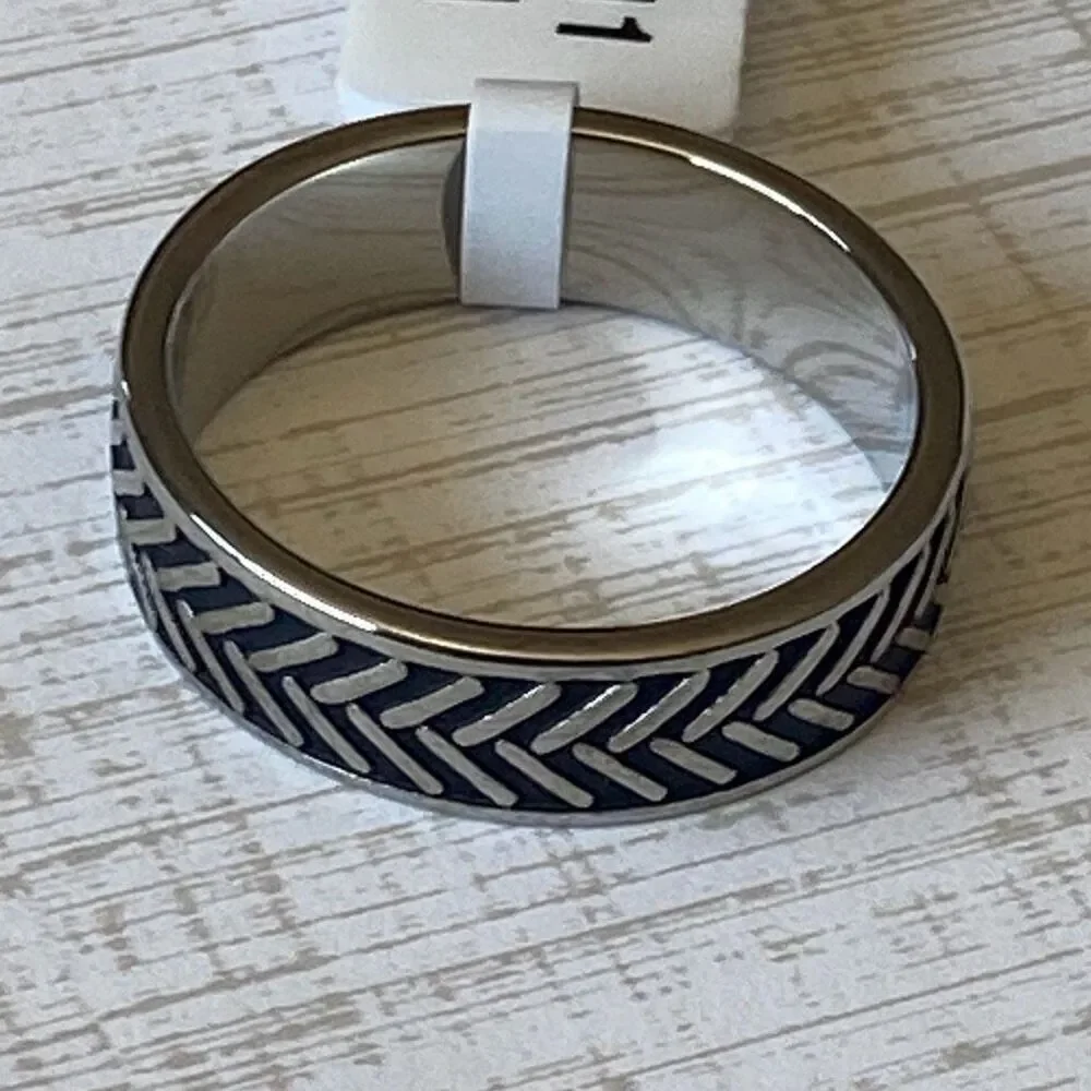 Men’s Stainless Steel Ring Size 11 Silver Tone Chevron Chain Pattern Band